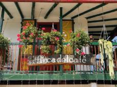 Balcón pintado en color verde con tiestos colgando y se aprecian vigas tambien de madera en verde
