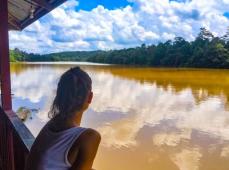 Chica de espaldas en apoyada mirando el rio