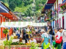 Mercado de flores en medio de una calle con casas de muchos colores y gente paseando