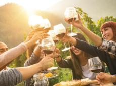 Grupo de gente brindando con copas de vino