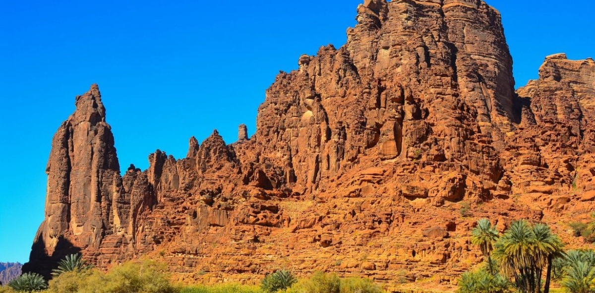 Formaciones rocosas en Alula con un grupo de palmeras