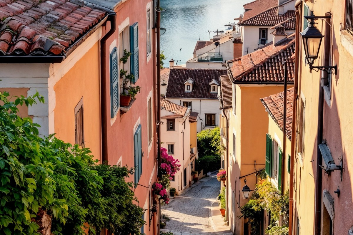 vista trasera de muejres caminando por las calles de Liguria