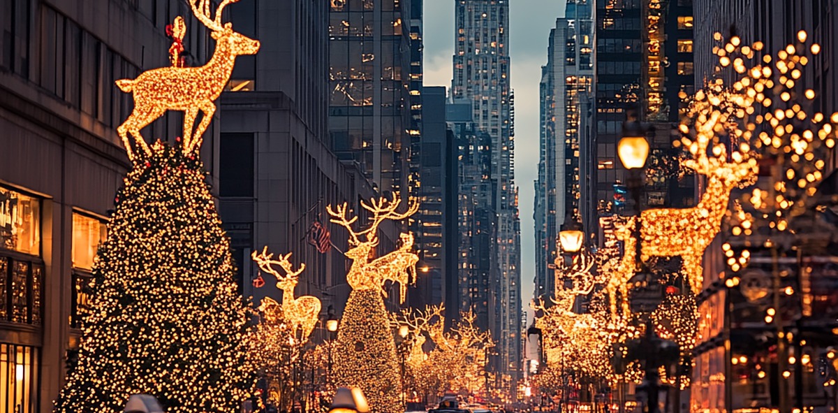 Calle iluminada en la ciudad de Nueva York