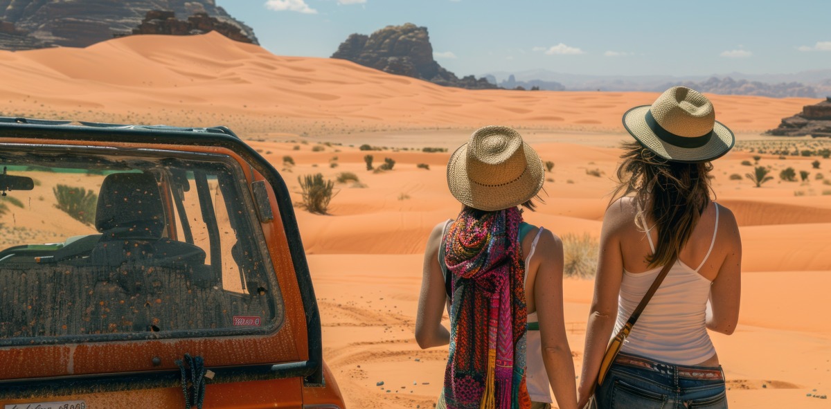 Chicas solteras en el desierto de Wadi Rum en 4x4