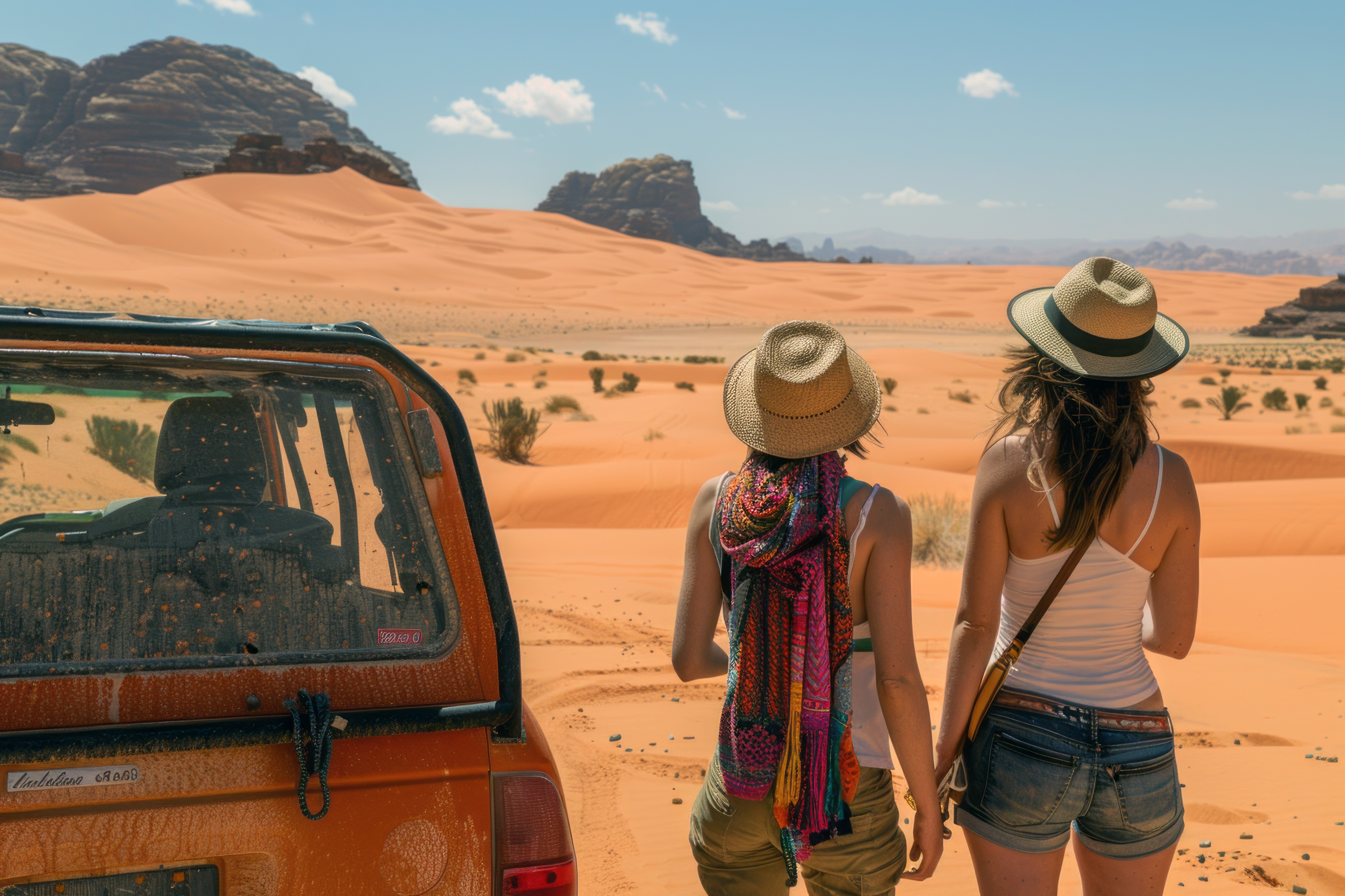 Chicas solteras en el desierto de Wadi Rum en 4x4