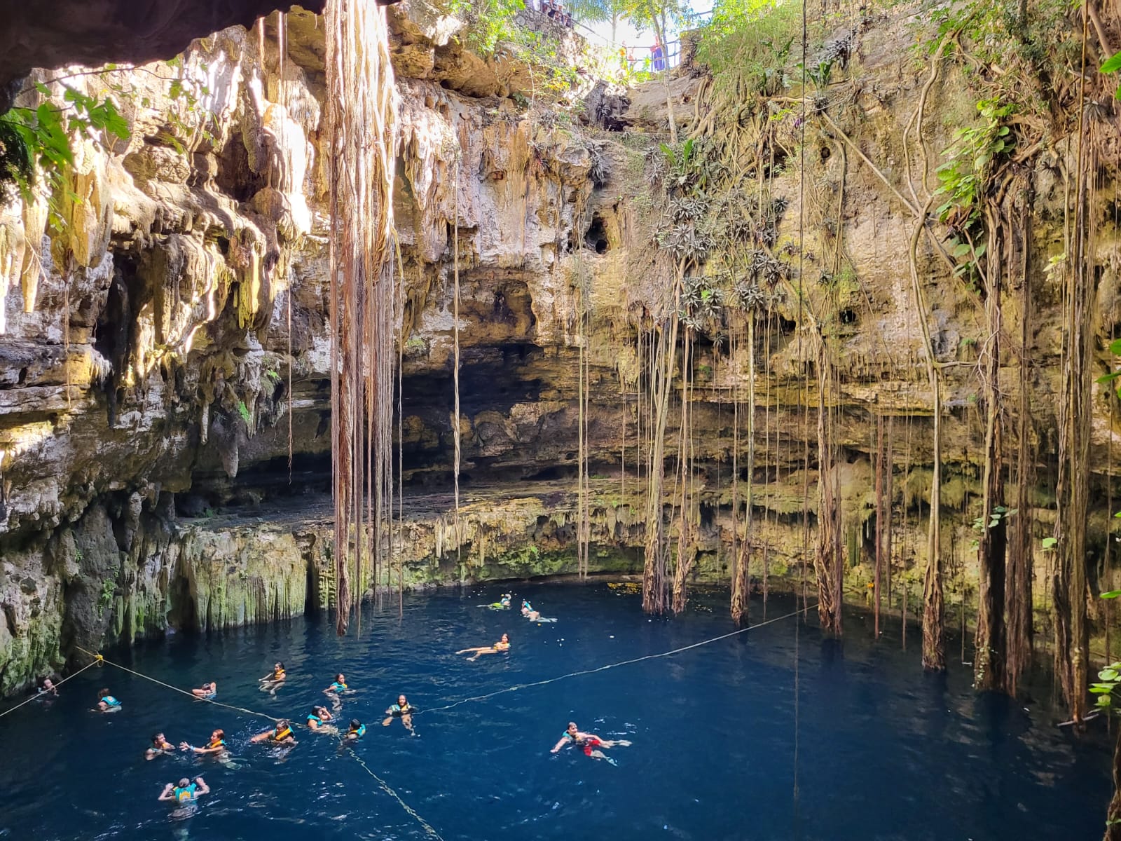 Cenote sagrado maya. Destaca por sus paredes rocosas cubiertas de raíces colgantes de árboles tropicales que bajan hasta el agua azul cristalina