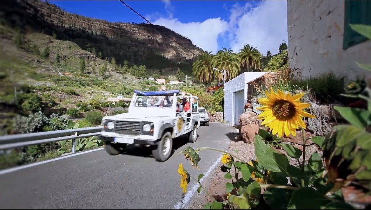 Jeeps por una carretera típica con palmeras y girasoles, al fondo el paisaje montañoso de la isla