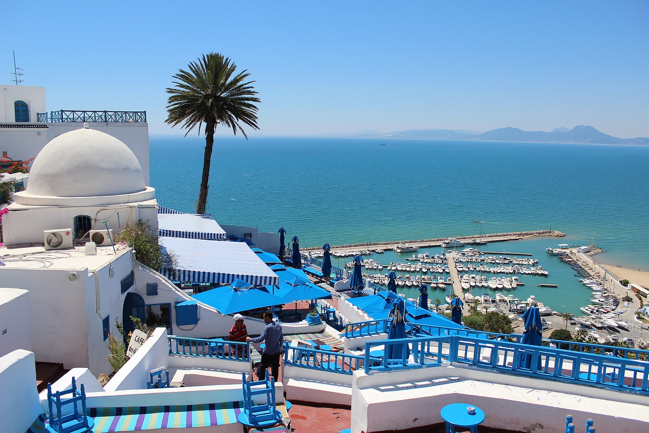 En primer plano casas blancas con toldos azules y al fondo puerto marítimo rodeado del mar azul